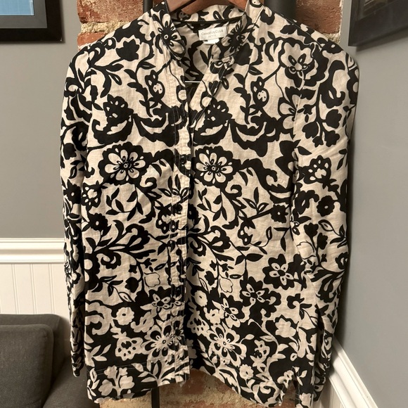 Charter Club Tops - Charter Club Petites Cream & Black Floral 100% Linen Blouse Size 10P